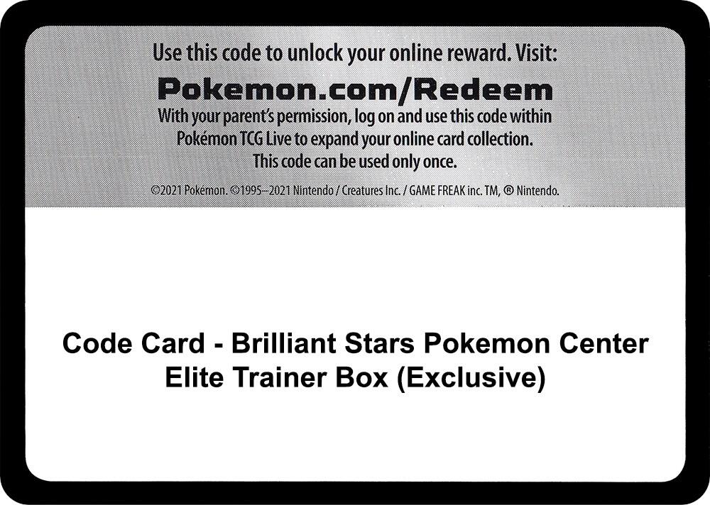 Code Card - Brilliant Stars Pokemon Center Elite Trainer Box (Exclusive) - Code Card SWSH09: Brilliant Stars
