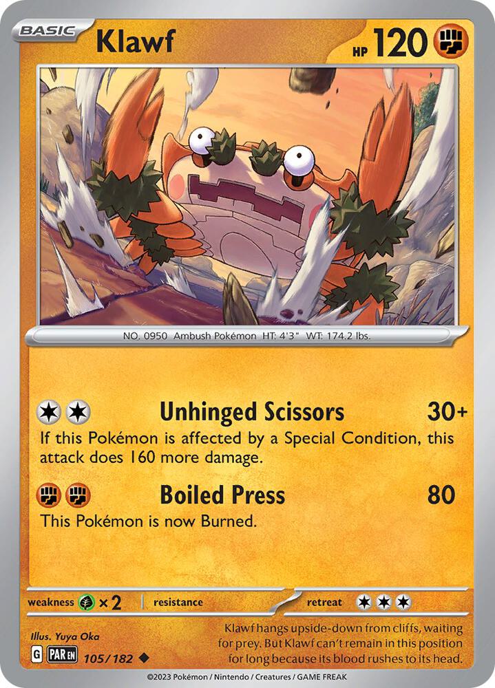 Klawf 105/182 Uncommon Paradox Rift Pokémon card