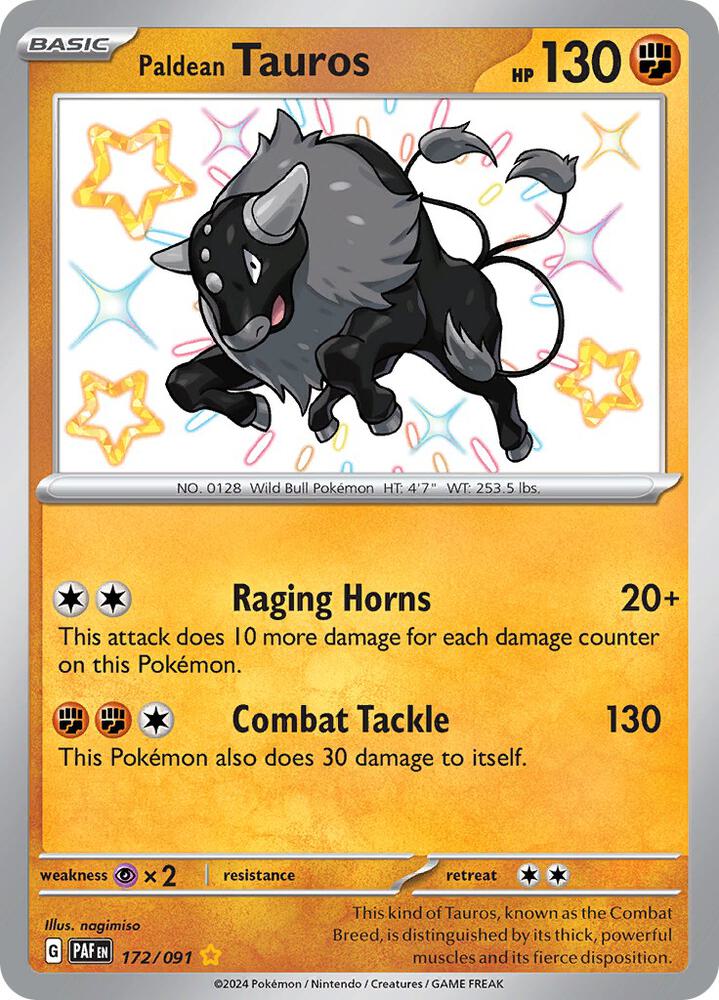 Paldean Tauros - 172/091 172/091 Shiny Rare Paldean Fates Pokémon card