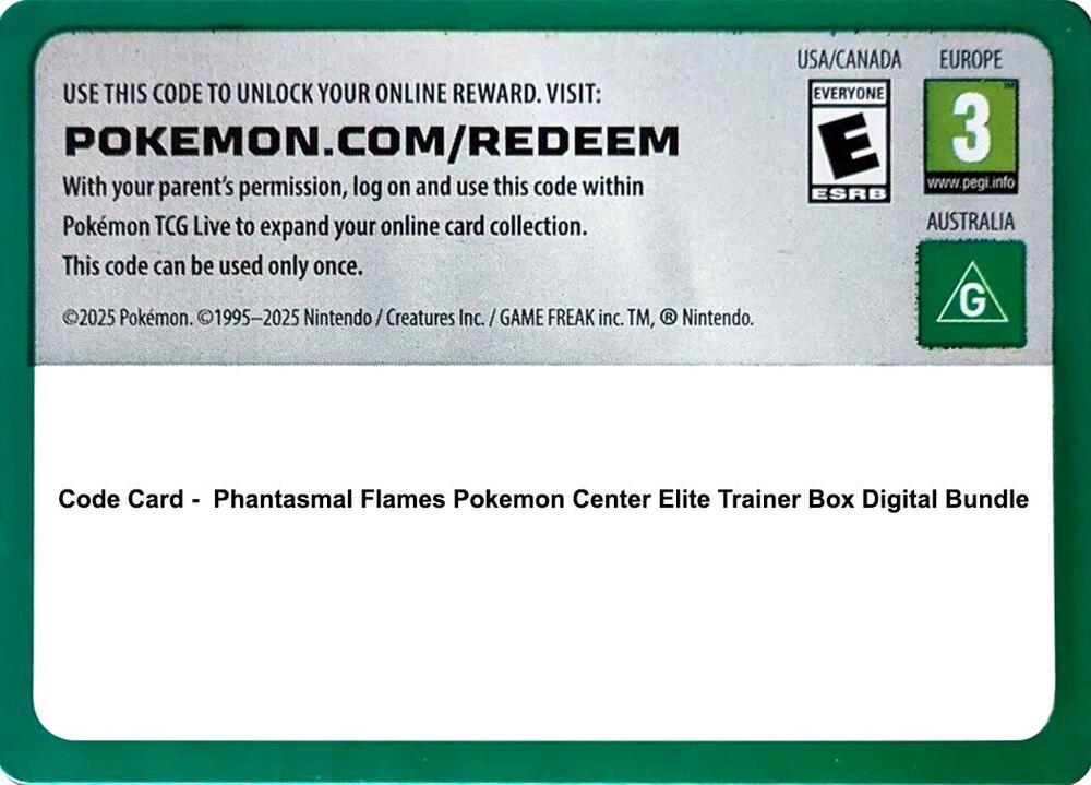 Code Card - Phantasmal Flames Pokemon Center Elite Trainer Box Digital Bundle - Code Card ME02: Phantasmal Flames