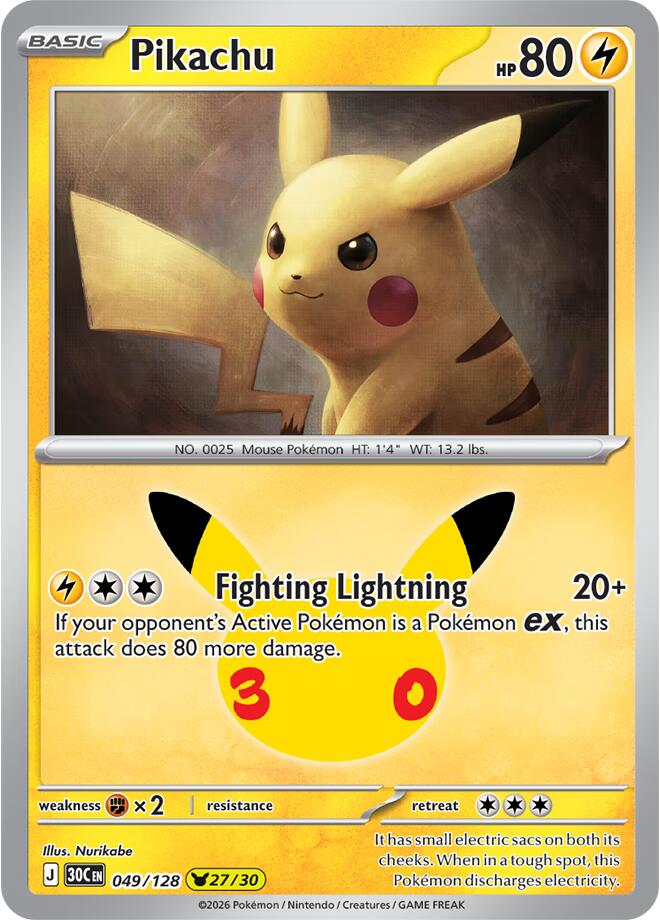 Pikachu - 049/128 049/128 Pikachu Rare 30th Celebration Pokémon card