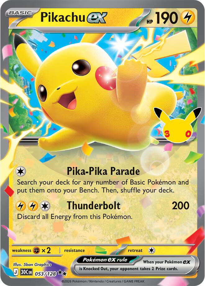 Pikachu ex - 053/128 053/128 Double Rare 30th Celebration Pokémon card