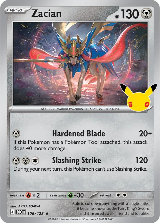 Zacian 106/128 Rare 30th Celebration Pokémon card