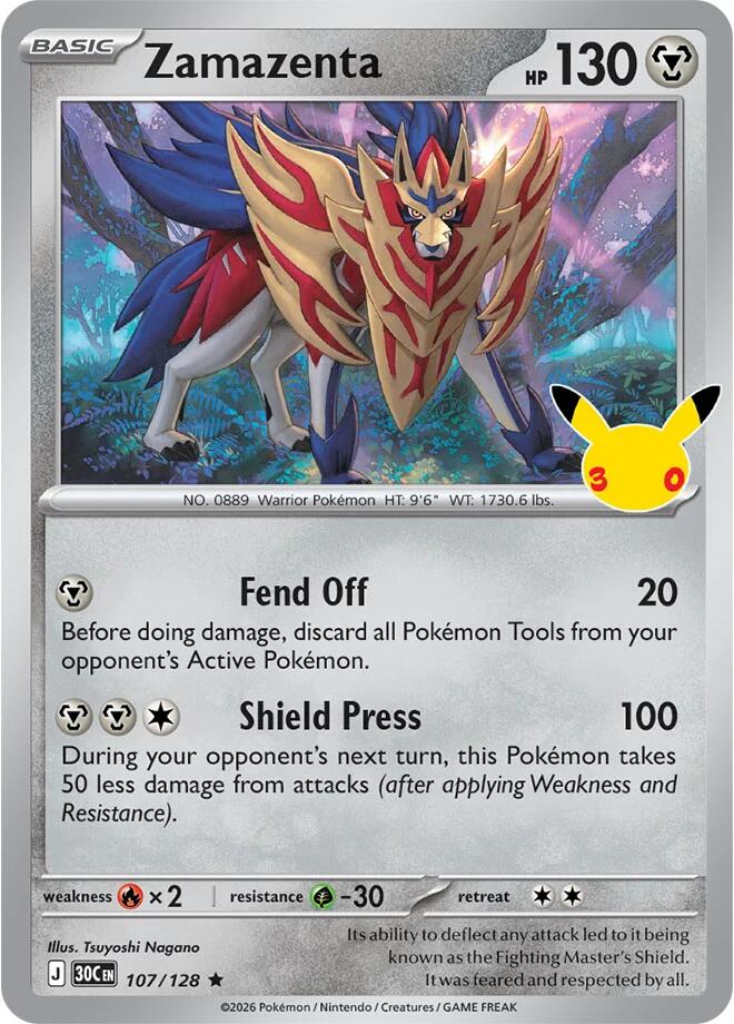 Zamazenta 107/128 Rare 30th Celebration Pokémon card