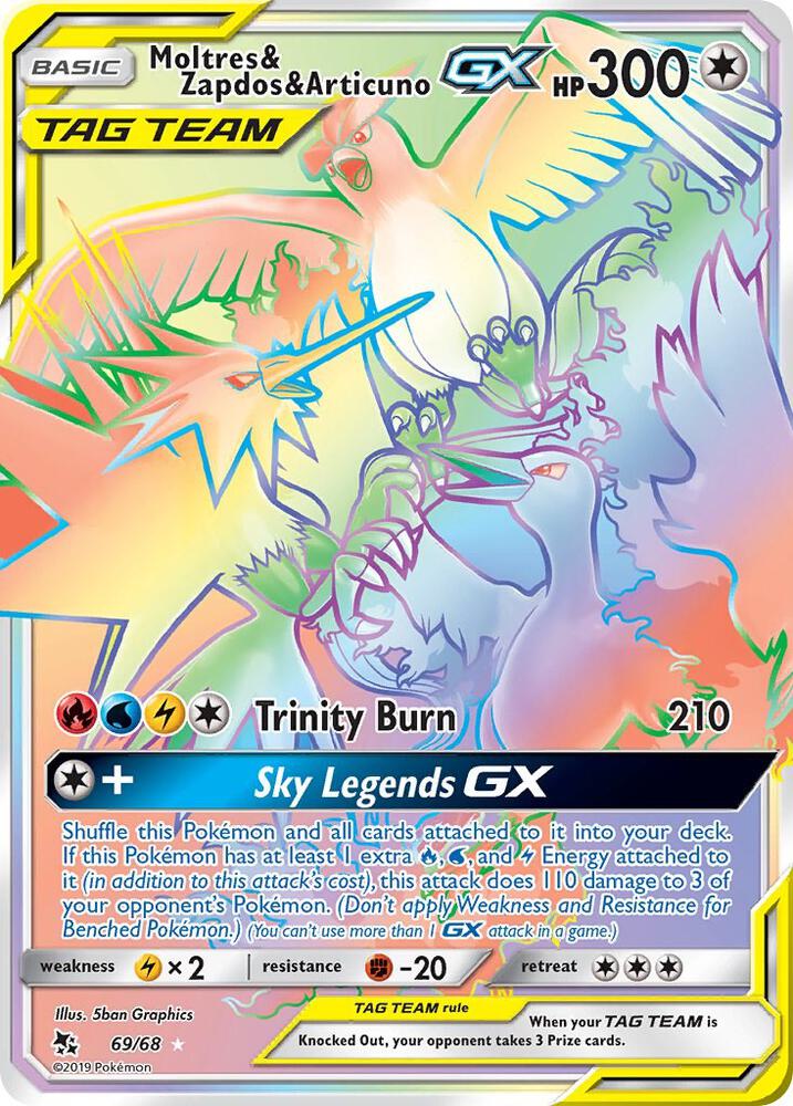 Moltres & Zapdos & Articuno GX (Secret) 69/68 Secret Rare Hidden Fates Pokémon card