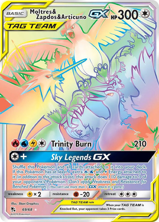 Moltres & Zapdos & Articuno GX (Secret) 69/68 Secret Rare Hidden Fates Pokémon card
