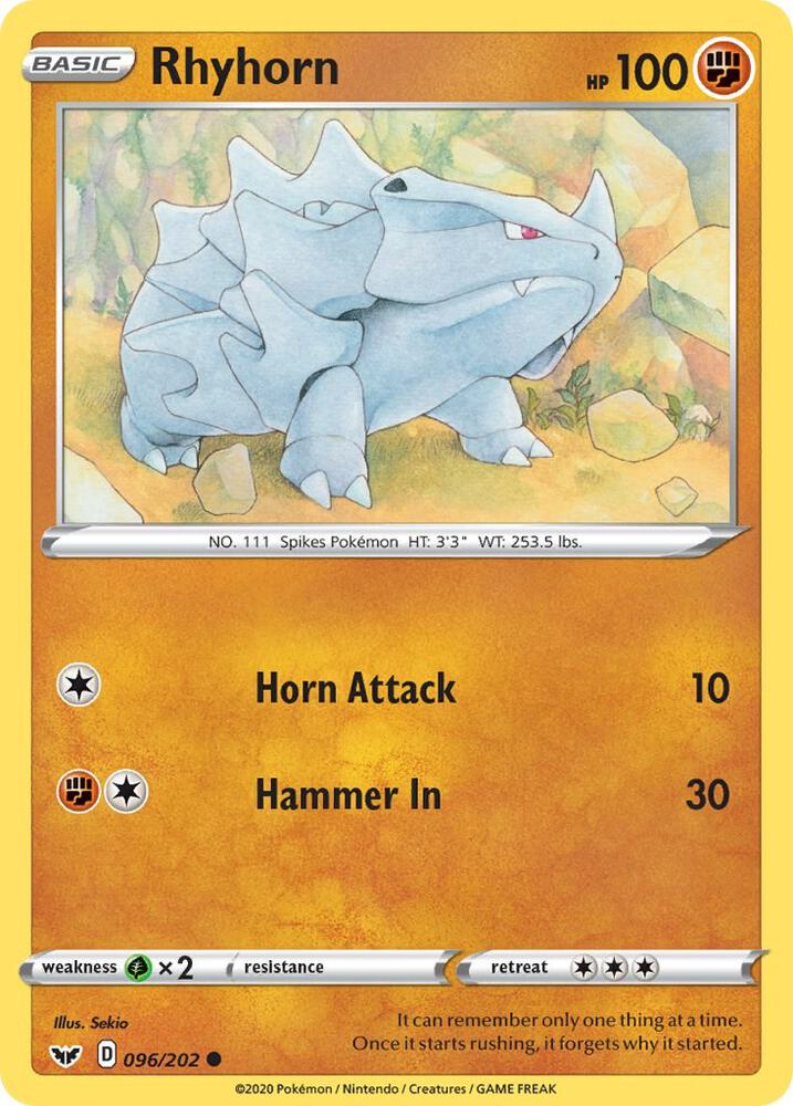Rhyhorn (096) 096/202 Common Sword & Shield Base Set Pokémon card