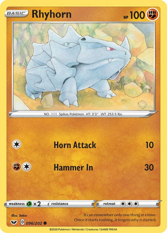 Rhyhorn (096) 096/202 Common Sword & Shield Base Set Pokémon card
