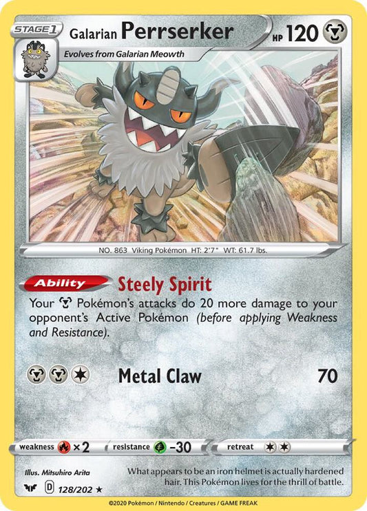 Galarian Perrserker 128/202 Holo Rare Sword & Shield Base Set Pokémon card