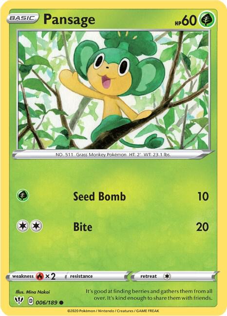 Pansage 006/189 Common Darkness Ablaze Pokémon card