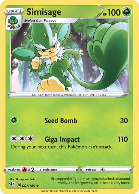 Simisage 007/189 Uncommon Darkness Ablaze Pokémon card