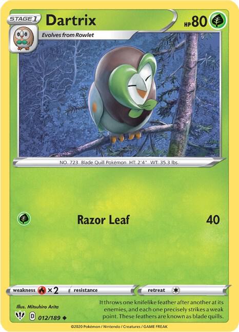 Dartrix 012/189 Uncommon Darkness Ablaze Pokémon card