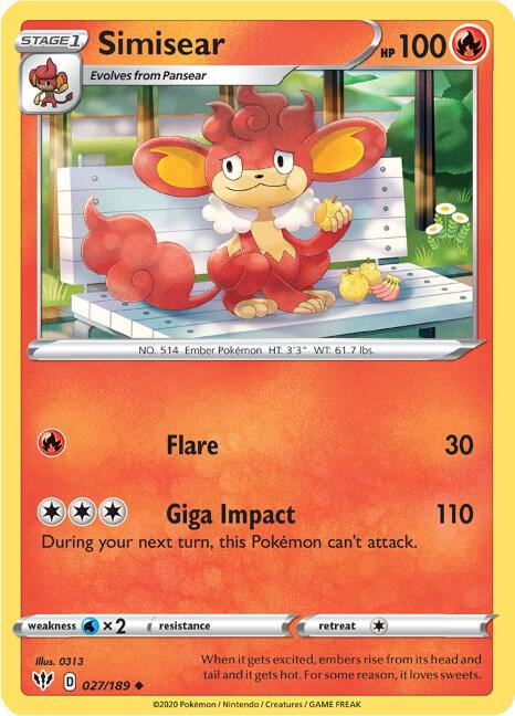 Simisear 027/189 Uncommon Darkness Ablaze Pokémon card