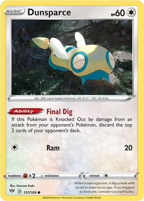 Dunsparce 137/189 Common Darkness Ablaze Pokémon card