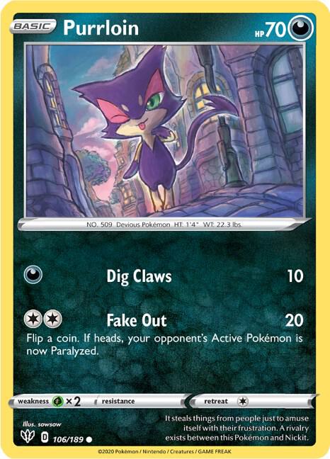 Purrloin 106/189 Common Darkness Ablaze Pokémon card