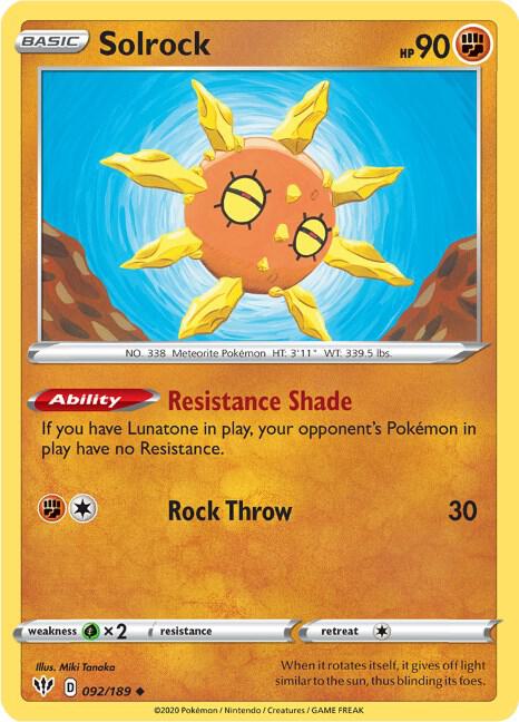 Solrock 092/189 Uncommon Darkness Ablaze Pokémon card