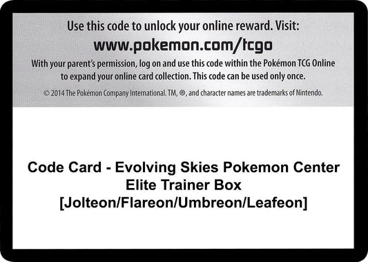 Code Card - Evolving Skies Pokemon Center Elite Trainer Box [Jolteon/Flareon/Umbreon/Leafeon] Code Card SWSH07: Evolving Skies