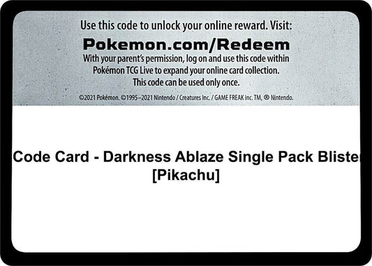 Code Card - Darkness Ablaze Single Pack Blister [Pikachu] - Code Card SWSH03: Darkness Ablaze