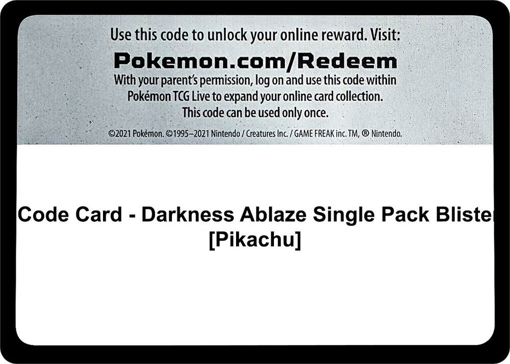 Code Card - Darkness Ablaze Single Pack Blister [Pikachu] - Code Card SWSH03: Darkness Ablaze