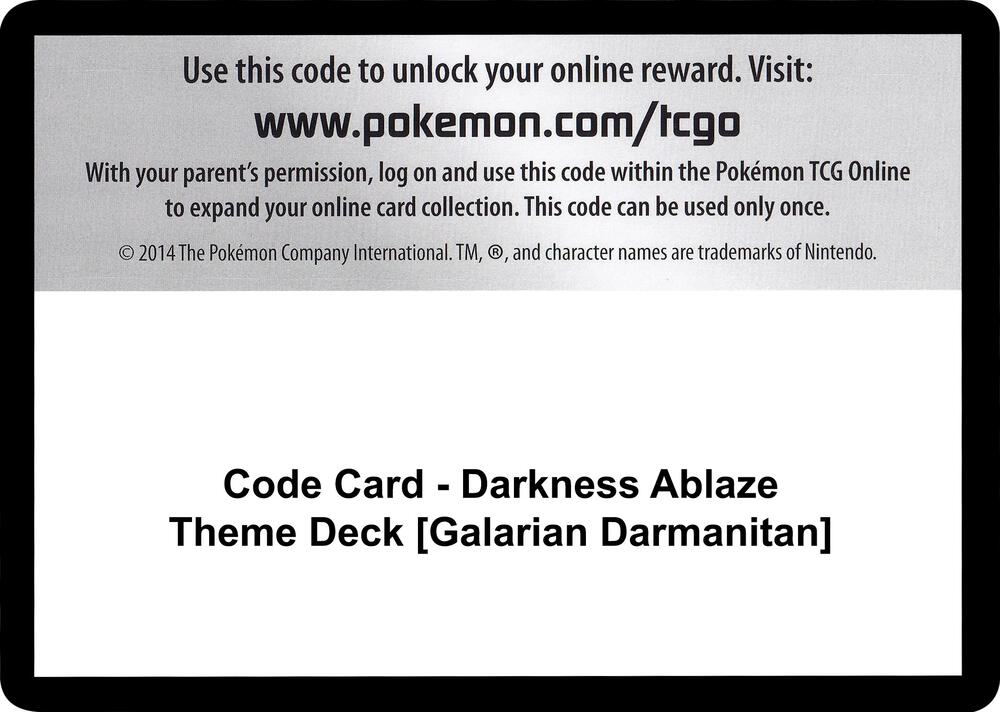 Code Card - Darkness Ablaze Theme Deck [Galarian Darmanitan] - Code Card SWSH03: Darkness Ablaze