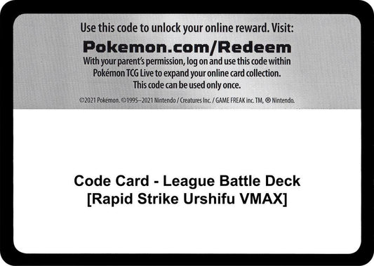 Code Card - League Battle Deck [Rapid Strike Urshifu VMAX] Code Card Miscellaneous Cards & Products Pokémon card