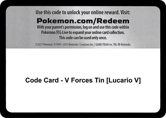 Code Card - V Forces Tin [Lucario V] - Code Card Miscellaneous Cards & Products