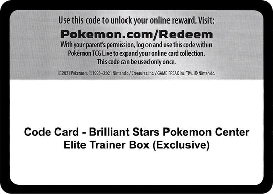Code Card - Brilliant Stars Pokemon Center Elite Trainer Box (Exclusive) - Code Card SWSH09: Brilliant Stars