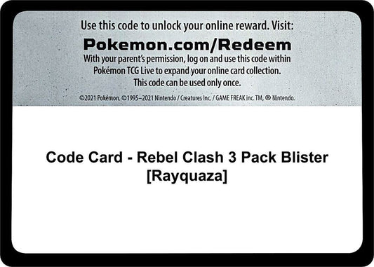 Code Card - Rebel Clash 3 Pack Blister [Rayquaza] - Code Card SWSH02: Rebel Clash