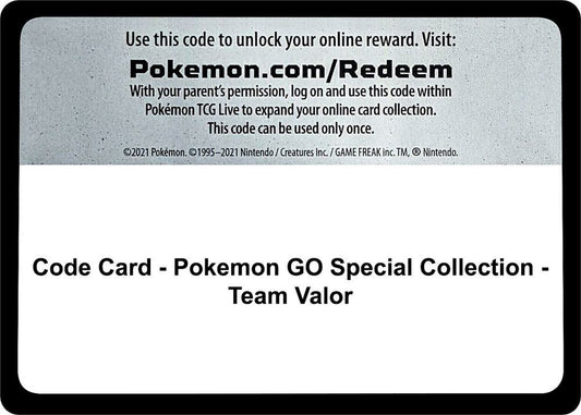Code Card - Pokemon GO Special Collection - Team Valor - Code Card Pokemon GO