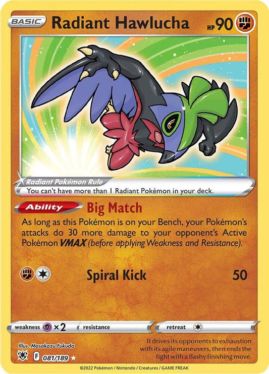 Radiant Hawlucha 081/189 Radiant Rare Astral Radiance Pokémon card