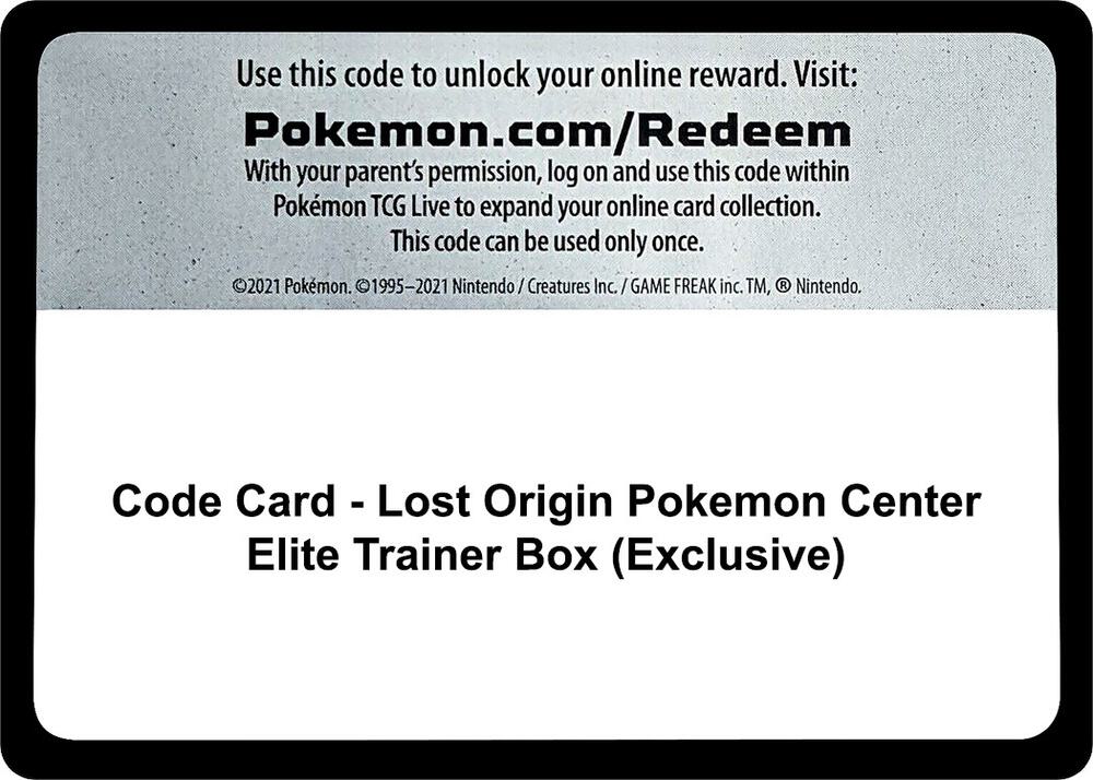 Code Card - Lost Origin Pokemon Center Elite Trainer Box (Exclusive) - Code Card SWSH11: Lost Origin