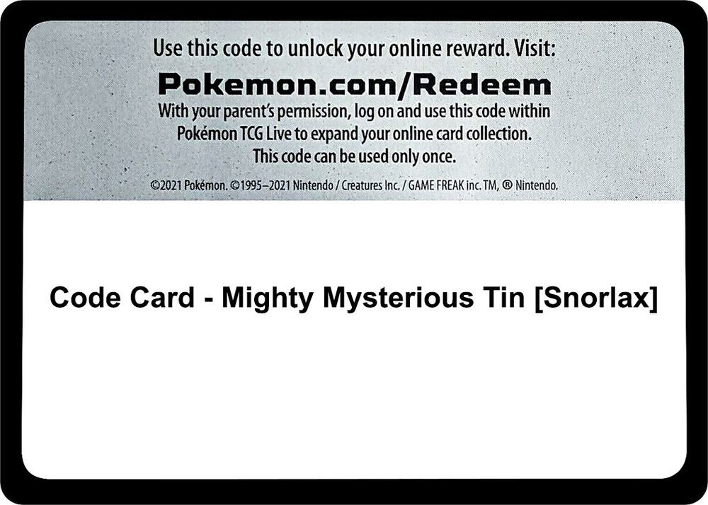 Code Card - Mighty Mysterious Tin [Snorlax] - Code Card Miscellaneous Cards & Products
