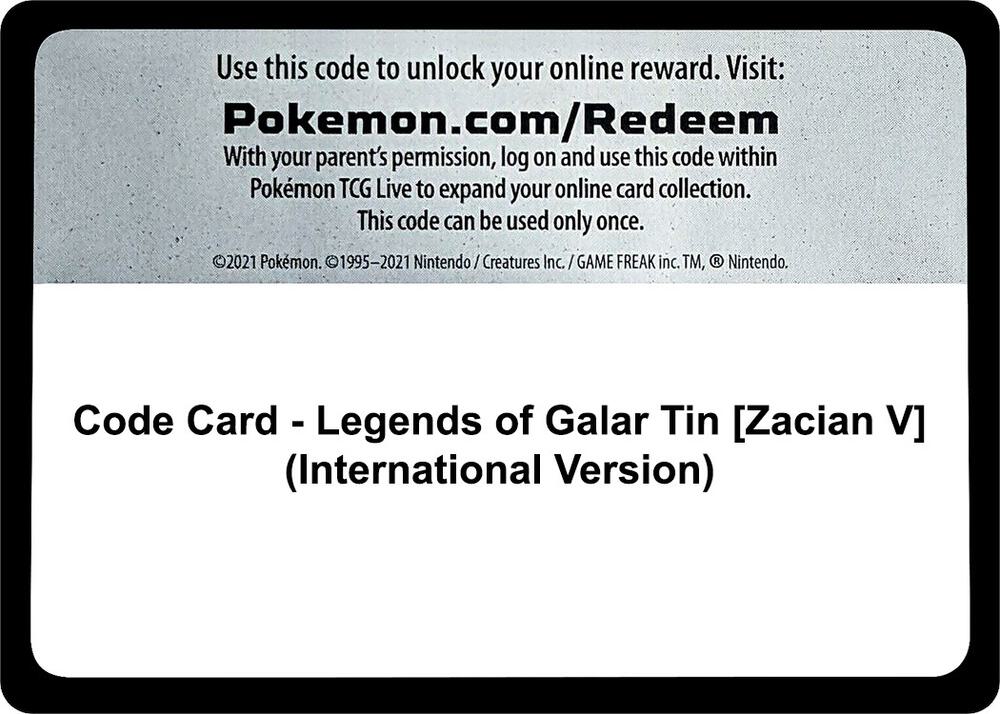 Code Card - Legends of Galar Tin [Zacian V] (International Version) - Code Card SWSH02: Rebel Clash