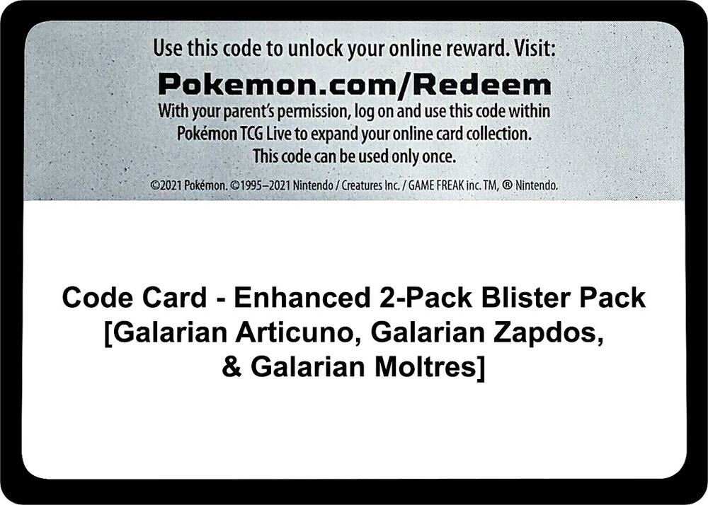Code Card - Enhanced 2-Pack Blister Pack [Galarian Articuno, Galarian Zapdos, & Galarian Moltres] - Code Card Miscellaneous Cards & Products