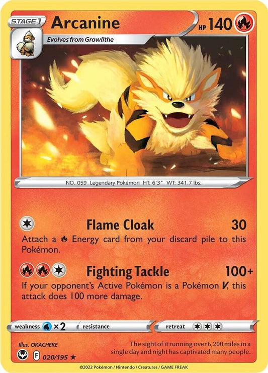 Arcanine 020/195 Rare Silver Tempest Pokémon card