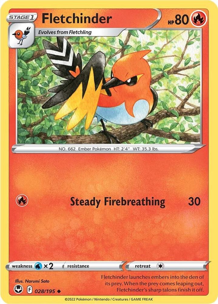 Fletchinder 028/195 Uncommon Silver Tempest Pokémon card