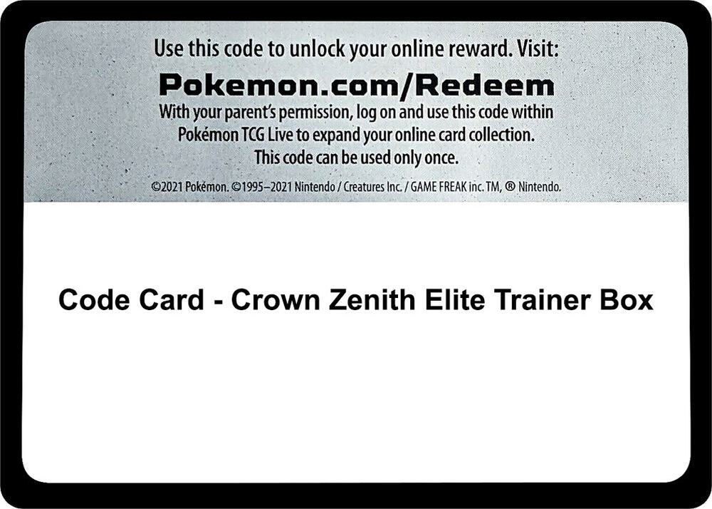 Code Card - Crown Zenith Elite Trainer Box - Code Card Crown Zenith