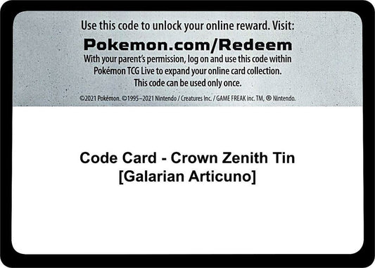 Code Card - Crown Zenith Tin [Galarian Articuno] - Code Card Crown Zenith