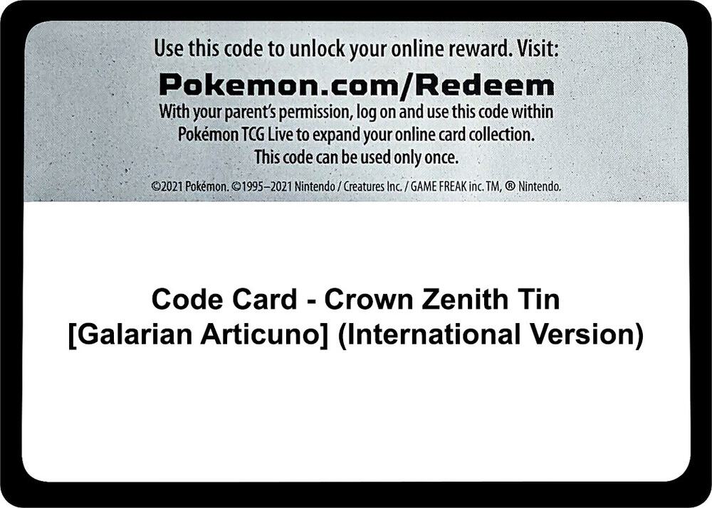 Code Card - Crown Zenith Tin [Galarian Articuno] (International Version) - Code Card Crown Zenith