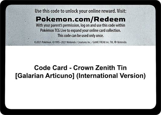 Code Card - Crown Zenith Tin [Galarian Articuno] (International Version) - Code Card Crown Zenith