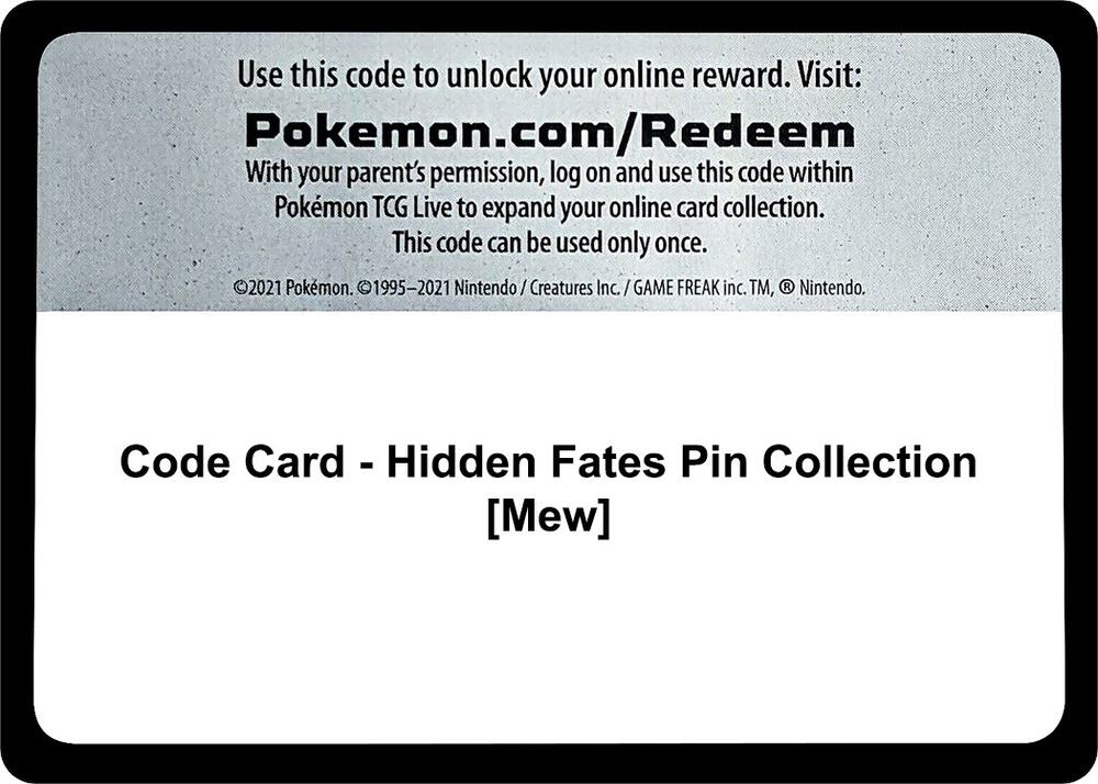 Code Card - Hidden Fates Pin Collection [Mew] - Code Card Hidden Fates