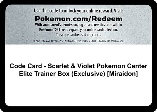 Code Card - Scarlet & Violet Pokemon Center Elite Trainer Box (Exclusive) [Miraidon] - Code Card SV01: Scarlet & Violet Base Set