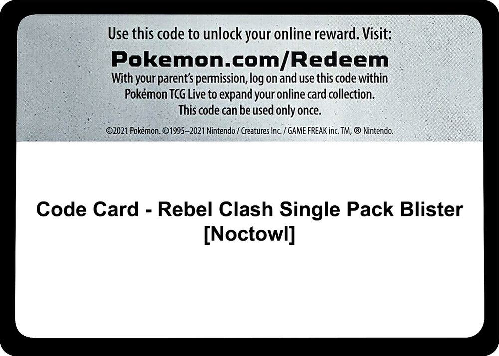 Code Card - Rebel Clash Single Pack Blister [Noctowl] - Code Card SWSH02: Rebel Clash