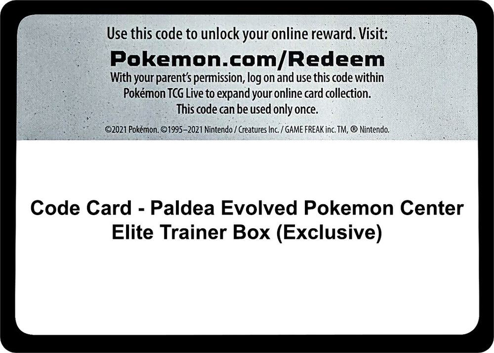 Code Card - Paldea Evolved Pokemon Center Elite Trainer Box (Exclusive) - Code Card SV02: Paldea Evolved