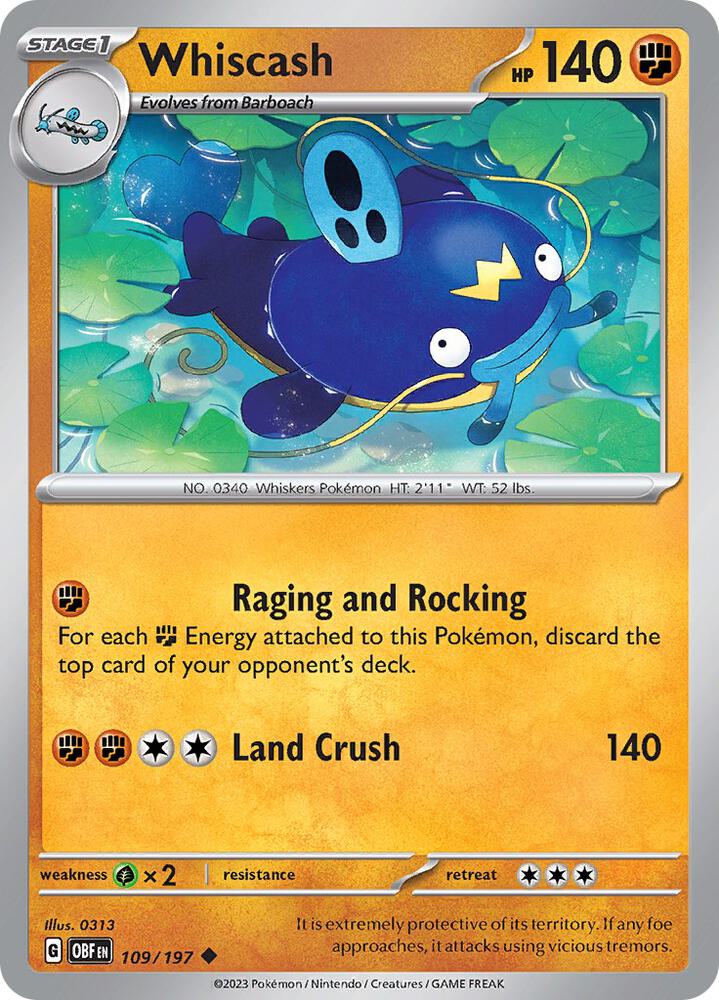 Whiscash 109/197 Uncommon Obsidian Flames Pokémon card