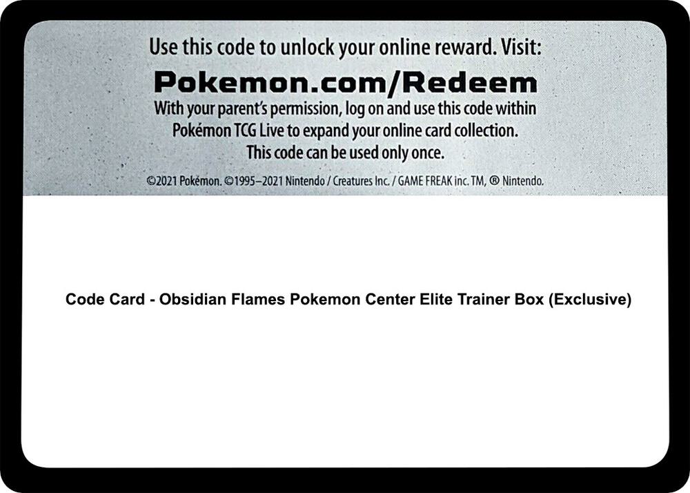 Code Card - Obsidian Flames Pokemon Center Elite Trainer Box (Exclusive) - Code Card SV03: Obsidian Flames