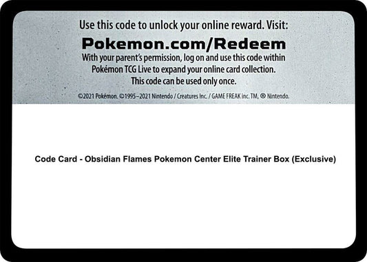 Code Card - Obsidian Flames Pokemon Center Elite Trainer Box (Exclusive) - Code Card SV03: Obsidian Flames