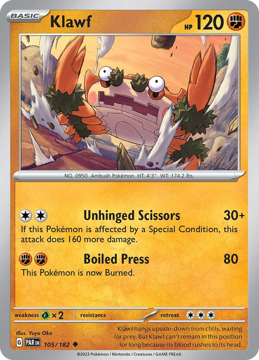 Klawf 105/182 Uncommon Paradox Rift Pokémon card