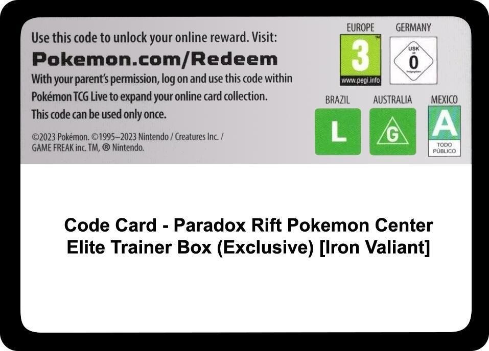 Code Card - Paradox Rift Pokemon Center Elite Trainer Box (Exclusive) [Iron Valiant] - Code Card SV04: Paradox Rift