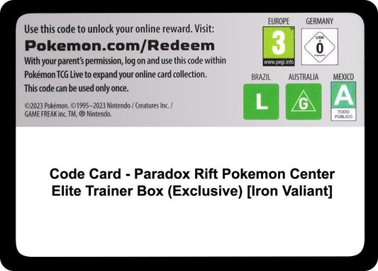 Code Card - Paradox Rift Pokemon Center Elite Trainer Box (Exclusive) [Iron Valiant] - Code Card SV04: Paradox Rift